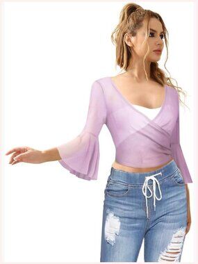 Summer Crop Top Sheer Mesh Cross Wrap Blouse Short Sleeve Sexy